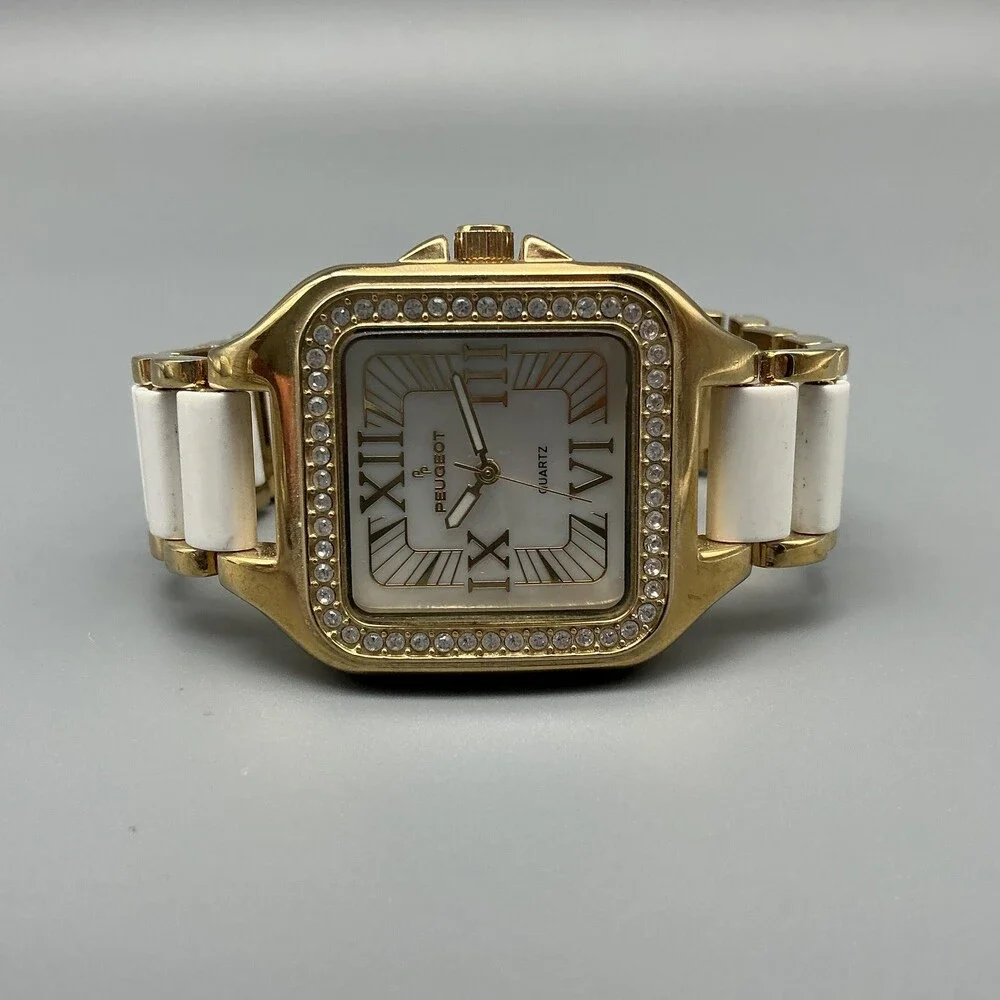 Peugeot Womens Watch 35mm Gold Tone MOP Crystal Bezel New Battery 7.25